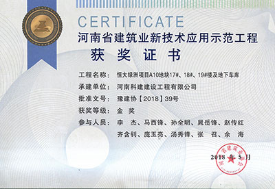 “恒大綠洲項目A10地塊17#、18#、19#樓及地下車庫工程”榮獲“河南省建筑業(yè)新技術應用示范工程”金獎