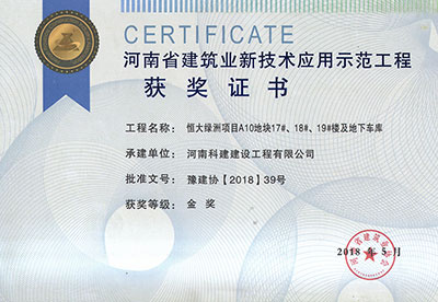 “恒大綠洲項目A10地塊17#、18#、19#樓及地下車庫工程”榮獲“河南省建筑業(yè)新技術應用示范工程”金獎